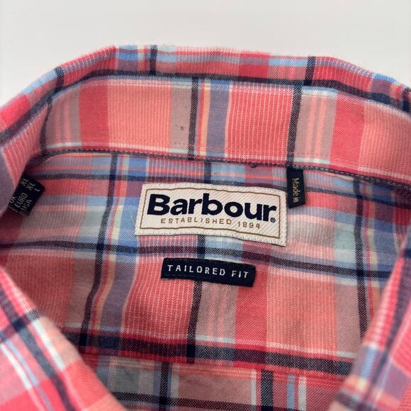 Barbour Mens Large Pink Blue Check Long Sleeve Button Down Light Flannel Shirt - Picture 2 of 6